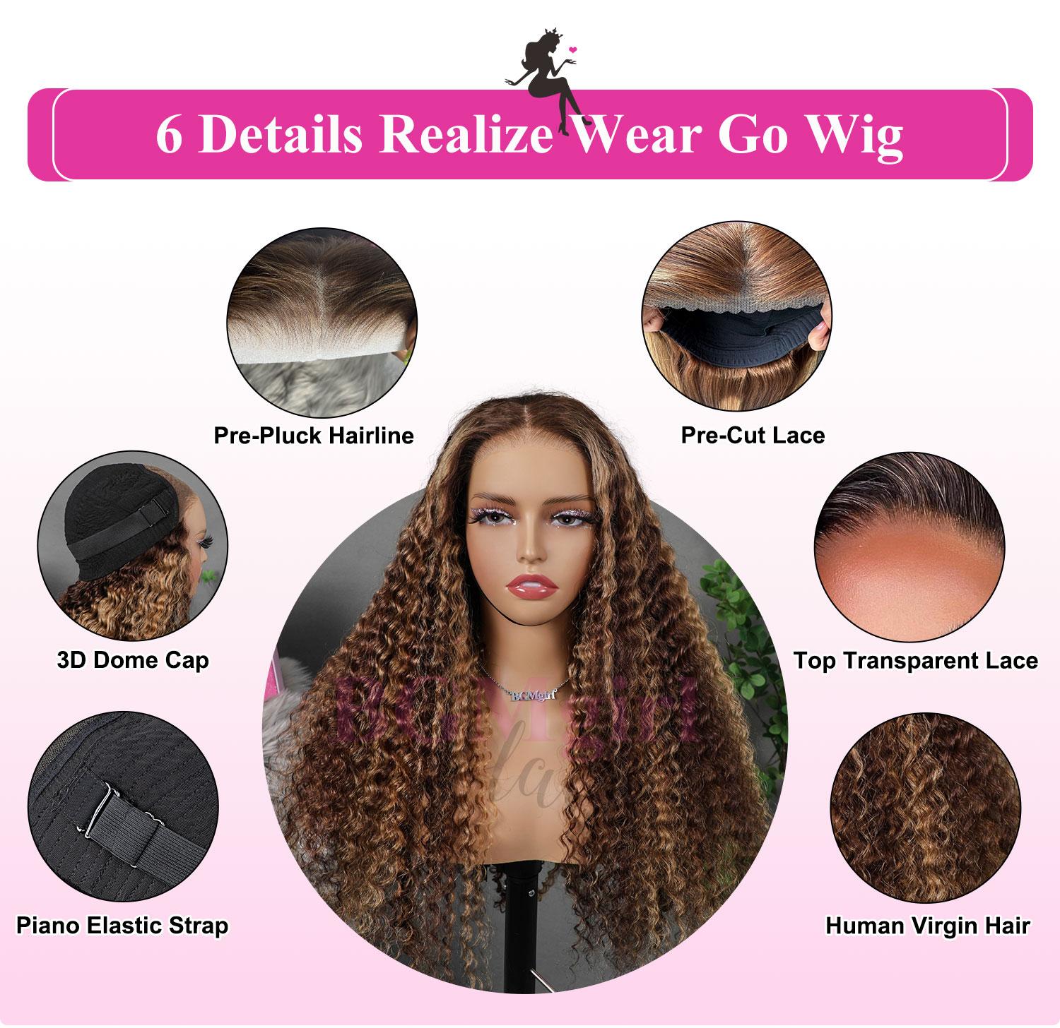 BGMgirl Brown Highlight Water Wave 6*4 Wear Go Glueless Pre Plucked Pre Cut Lace Closure Human Hair Colored Wig Pre-Plucked Glueless TikTokShopfalldealsforyou Elastic Adjustable Band