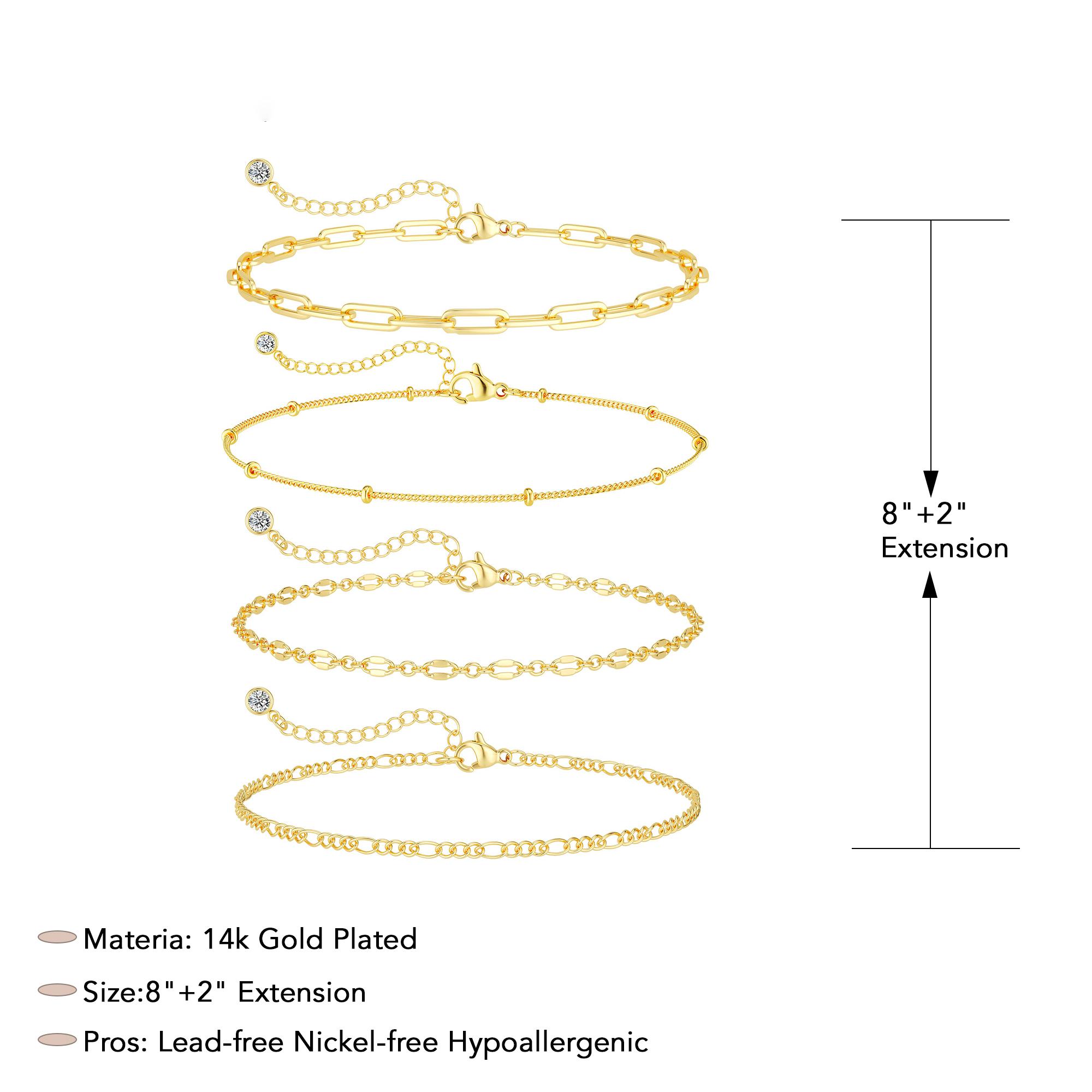 Tewiky 14K Gold Plated Dainty Layered Waterproof Anklet For Women Adjustable Anklet Set Stackable Beaded Cuban Link Anklets Daily Clothing Decor For Beach Summer Anklet For Valentine's Day gifts