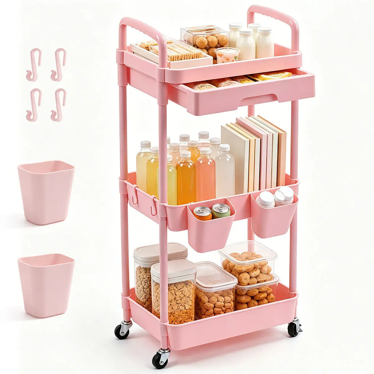 Pink Heavy-Duty Metal Frame Mobile Storage Cart - Home Supplies, 3-Layer Set Racks, Adjustable Shelves, Drawer, Hanging Cups, Lockable Wheels, Smooth Black Wood Finish, Large Size Multi-Purpose Organizer for Kitchen, Bathroom