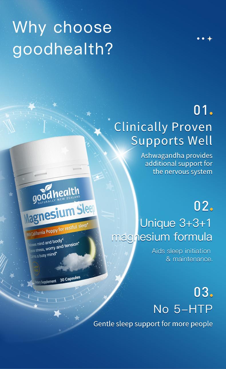 Goodhealth Magnesium Sleep Support - California Poppy & Passionflower & Ashwagandha - Triple Magnesium Complex - Herbal Formula for Stress Relief & Deep Sleep - Energy & Overall Fitness Healthcare - Vitamins -GMP, NZ Made - 30 Capsules - Supplement Edible
