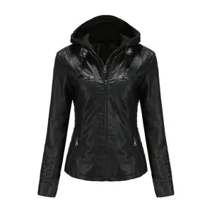 Women's Black PU Leather Biker Jacket with Removable Hood Faux Leather Motorcycle Coat Long Sleeve Street Fashion S-XL Outerwear