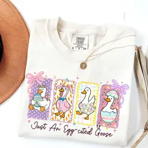 Comfort Colors Silly Goose Easter TShirt, Just An Egg-cited Goose Tee, Coquette Egg Retro Brushstroke T-Shirt, Cute Easter Goose Tee