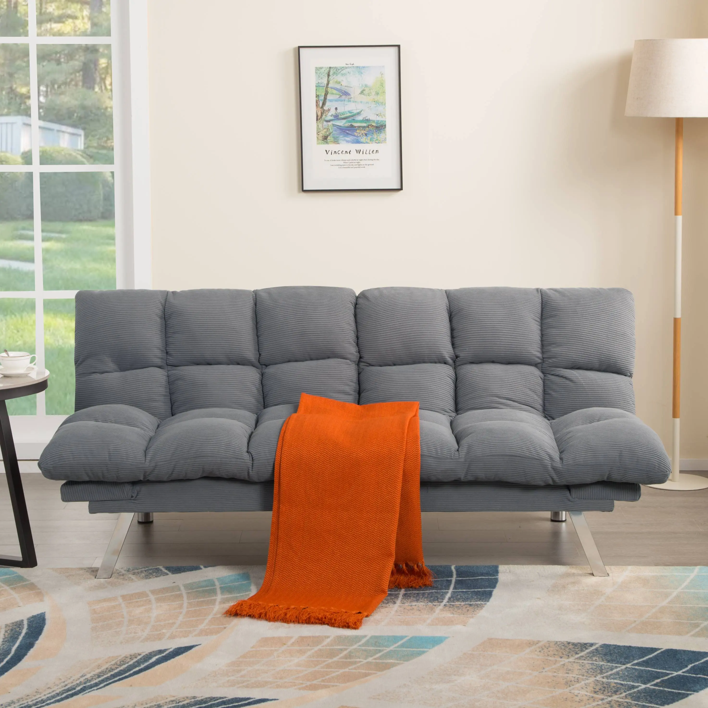 Gray Futon Sofa Bed - Modern Office Durable High-Density Foam Convertible Twin Sleeper, 67.3" Corduroy, Tapered Metal Legs, Multi-Position Reclining, Adjustable Arms, 300 lbs Per Seat, Compact for 12" Doorways, Assembly Required (All Tools Included), Fabr