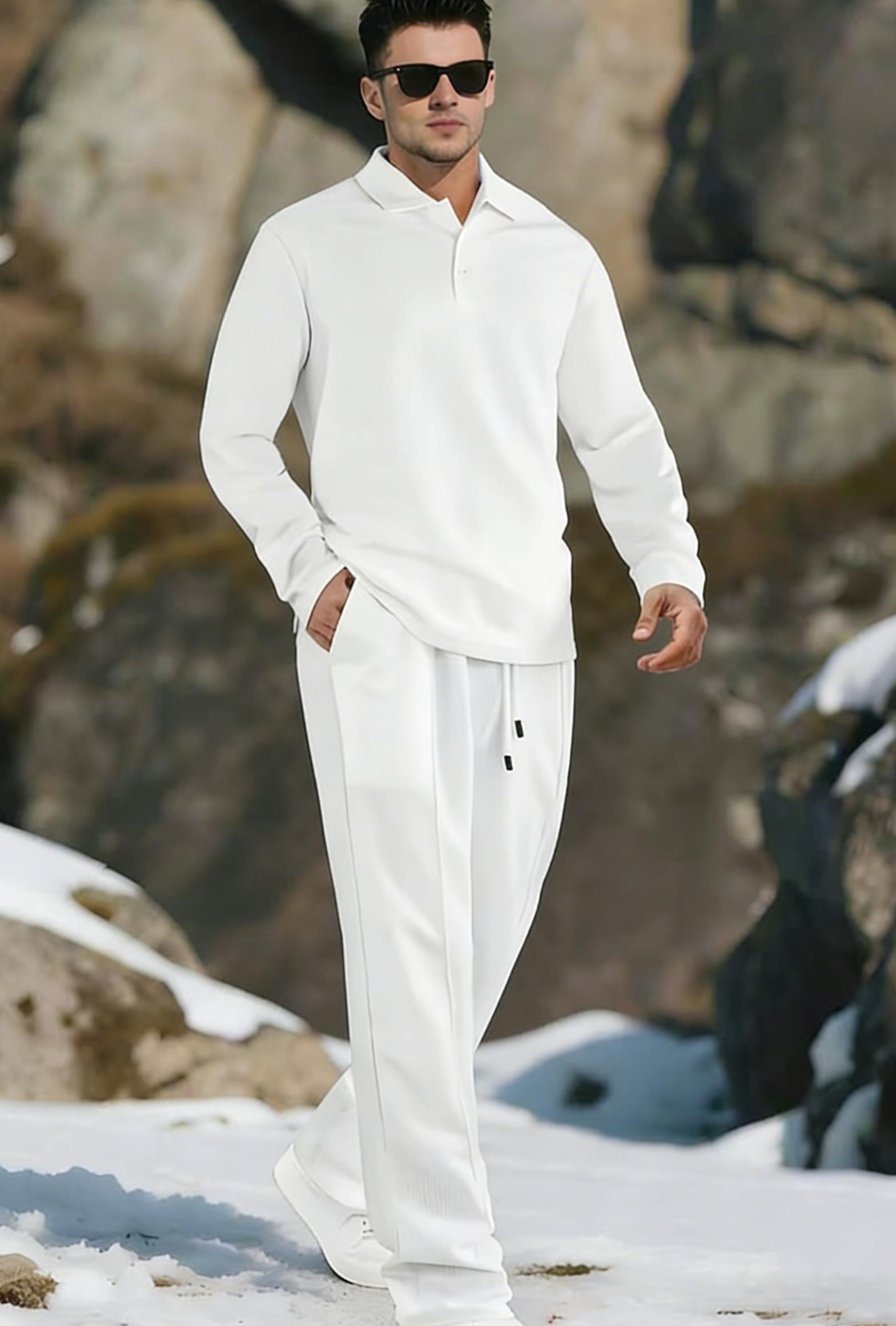 Men's Solid Color Linen Sports Set | Warm and Comfortable Button Top+Elastic Waist Pants Set, Suitable for Winter Casual Style