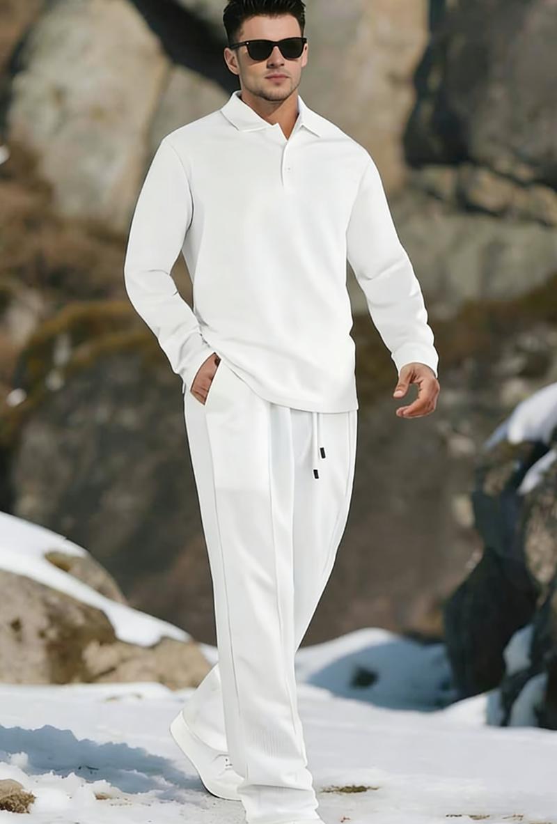 Men's Solid Color Linen Sports Set | Warm and Comfortable Button Top+Elastic Waist Pants Set, Suitable for Winter Casual Style