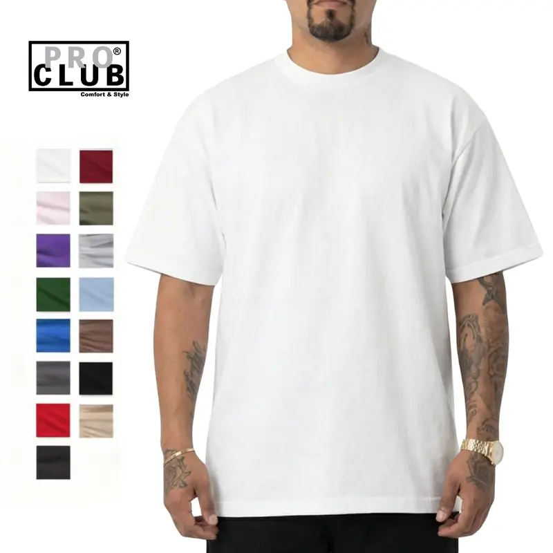 Pro Club Men's Heavyweight Cotton Short Sleeve Crew Neck T-Shirt - USA-Made LA Streetwear, Big-Tall Sizes, Solid Black/White/Heather Grey Fabric, Relaxed-Fit Classic Work Top