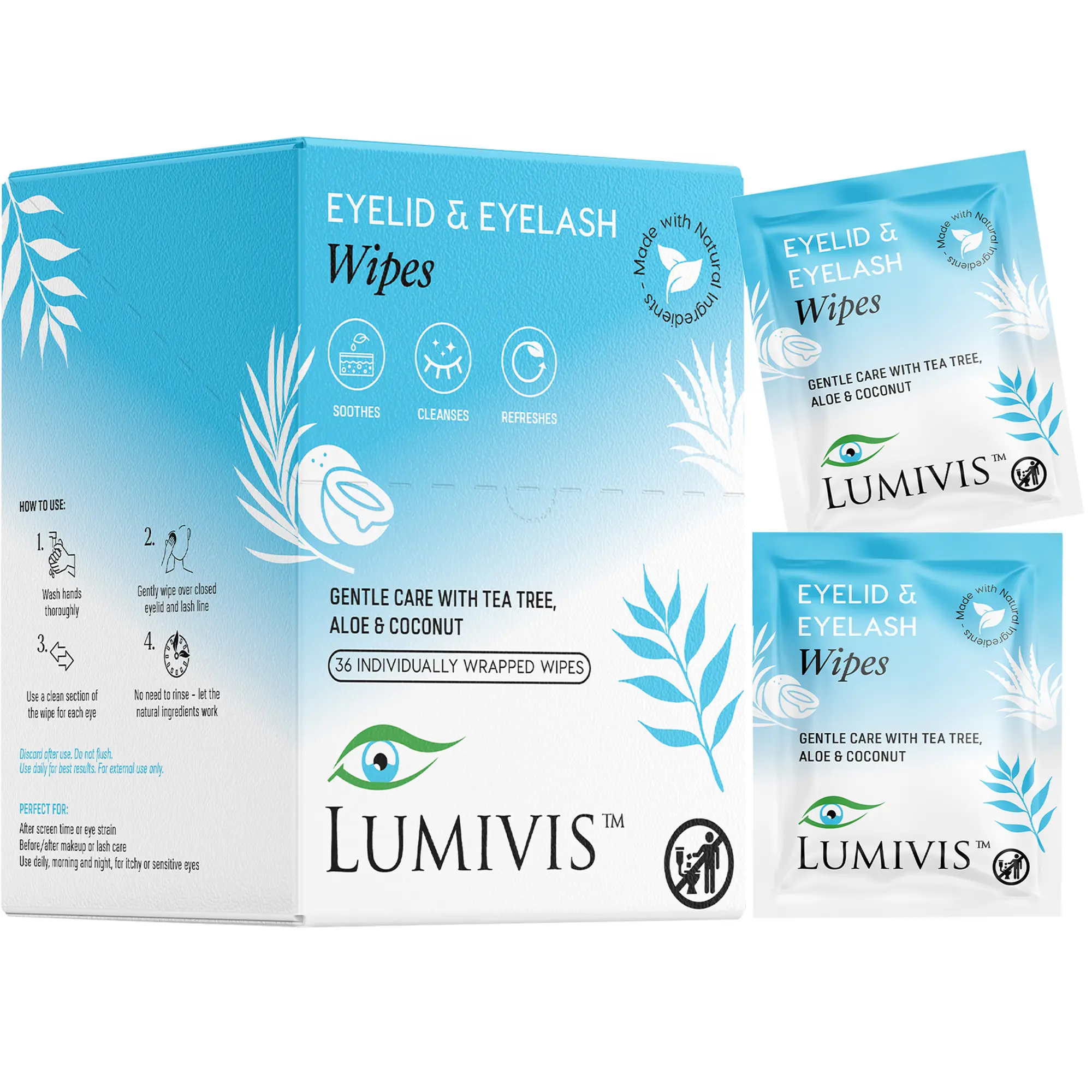 LUMIVIS Tea Tree Oil Eyelid Wipes - Gentle Daily Eye Cleanser, Soothing Coconut-Infused Cosmetic Remover, 36 Single Item Sachets for Eye Hygiene, Make Up Remover, Sensitive