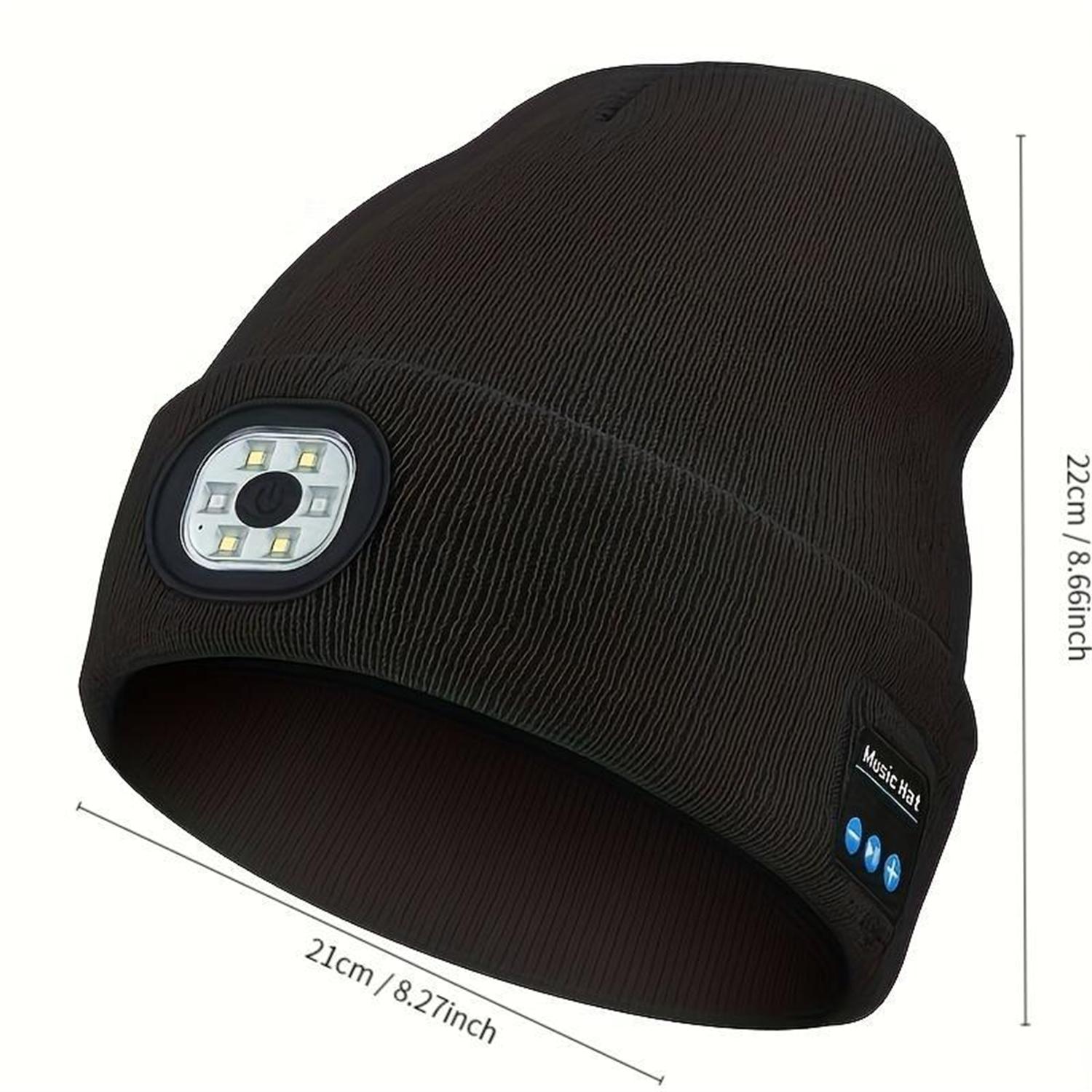 Bluetooth Beanie with a Light, Unisex USB Rechargeable 4 LED Fashlight Hat with Cordless Headphones, Unique Christmas Gifts - Black
