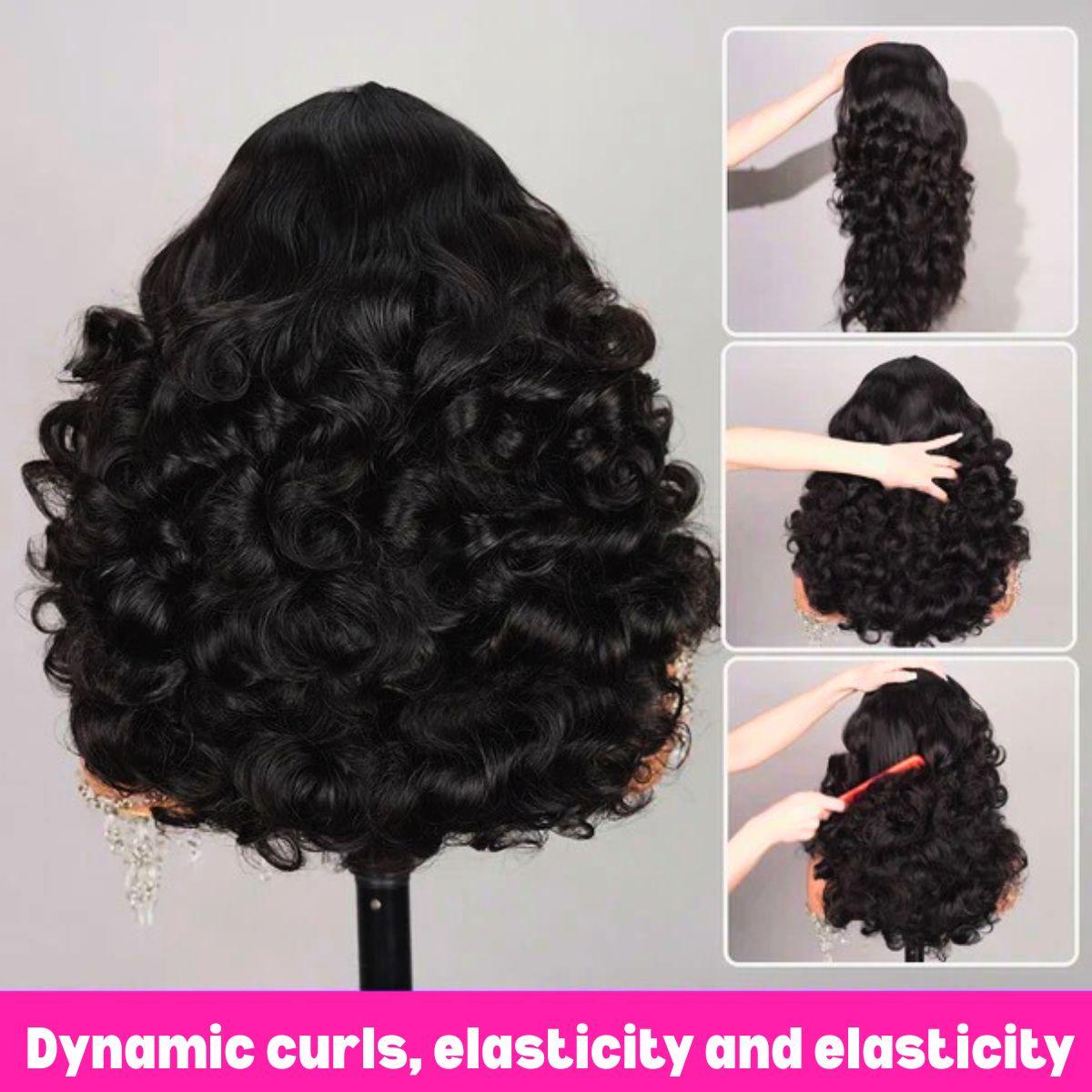 Suntuhair 250% Density Wig Blow Out Luxurious Bomb 12A Brazilian Human Hair Funmi Bouncy Curly Glueless Wigs Pre Plucked Hairline Pre Cut Lace 5x5 Lace Middle Part Closure Wigs Super Double Drawn Wig 90s Style