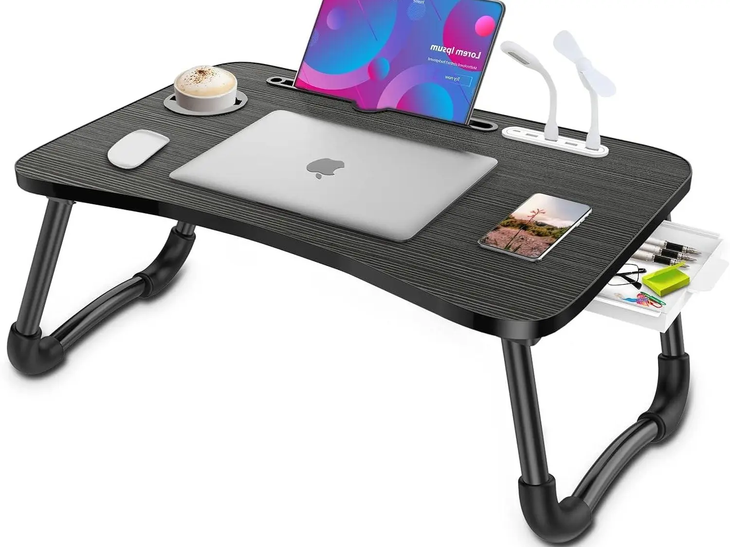 Folding Laptop Table - Portable Workstation with 4 USB Ports, Storage Drawer, Cup Holder, Laptop Stand for Couch, Bed Use
