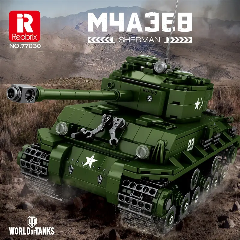 Reobrix M4A3E8 Sherman Tank Building Set WW2 Military American Armed Tanks Building Block Set for Military Fans World of Tanks Authorized Products 77030 Ideal Gift for Adults Boys Kids Age 8+ 836 PCS