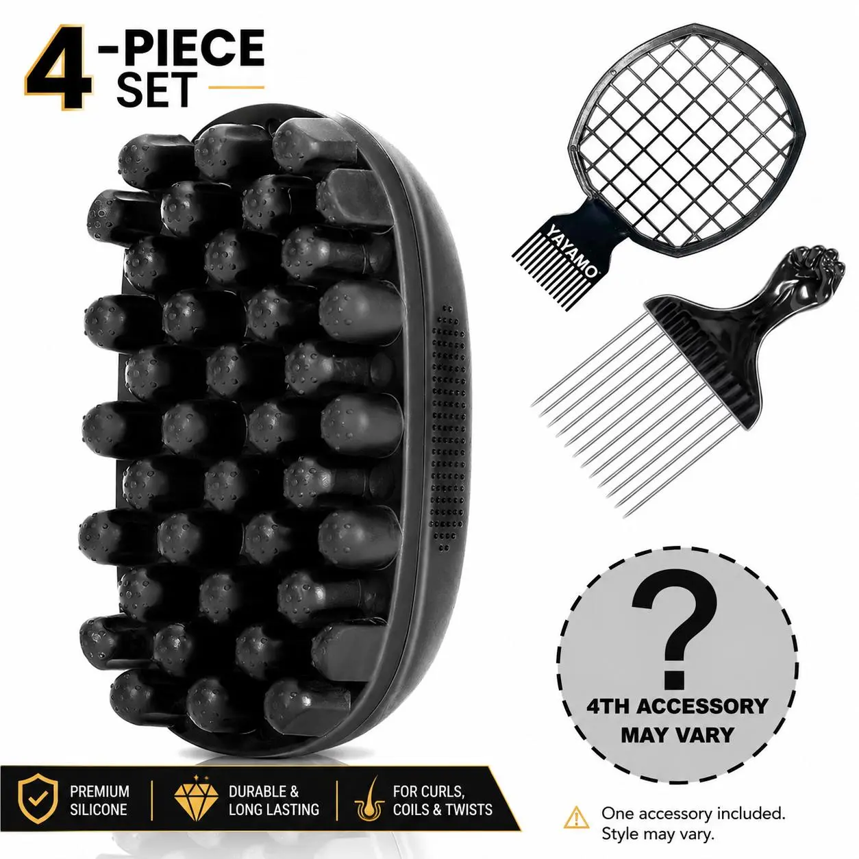 4Pcs Freeform Twists Kit for Men's Afro Coily Hair - Premium Silicone Brushes with Nylon Bristles, Metal Fist Pick, Racquet Comb, Dual-Sided Edge Brush for Edge Definition & High Volume Styling
