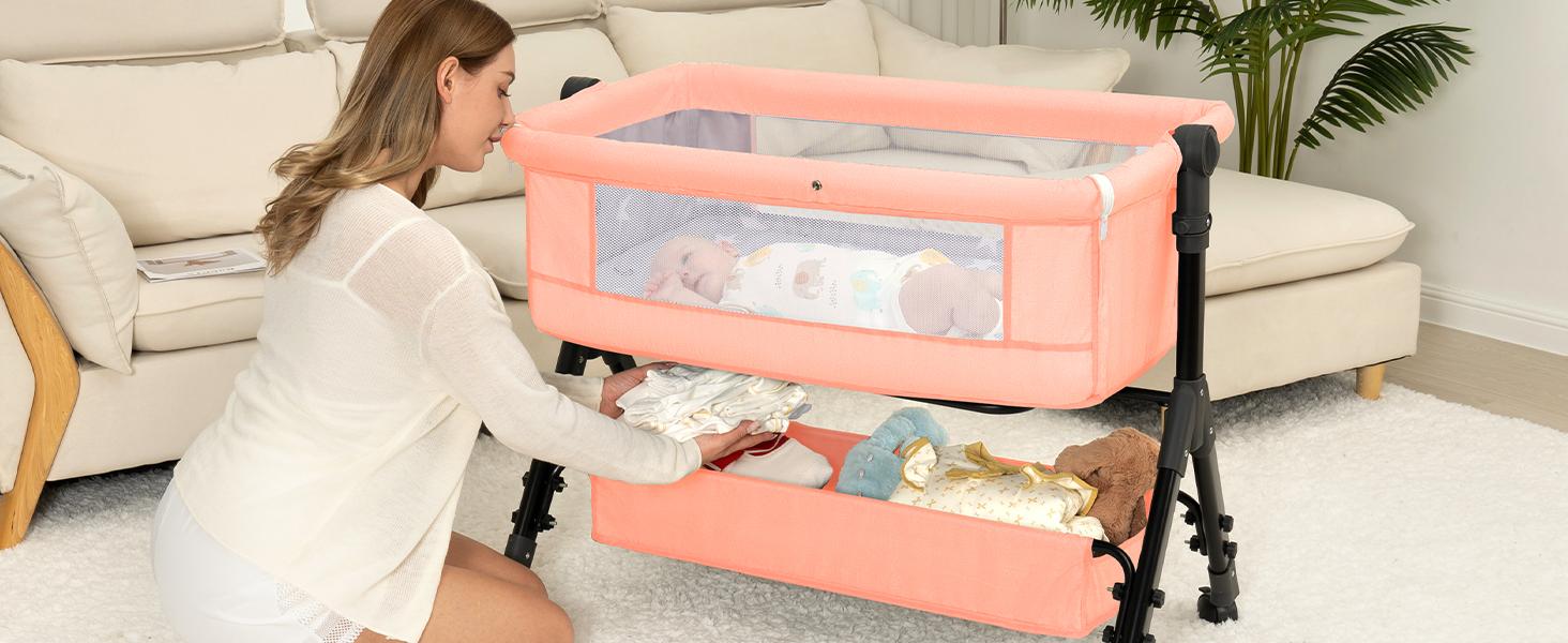 Baby Bassinet Crib, Crib for Infant&Newborn, Bedside Sleeper with Storage Basket and Mosquito Net, Easy to Fold, Height Adjustable, Portable Side Bed Crib