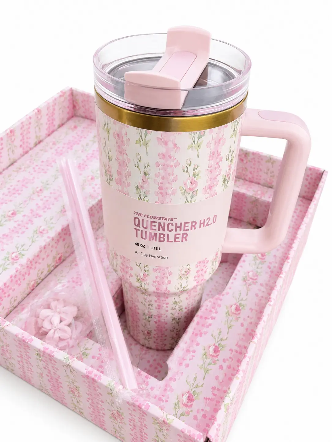 Pink Floral 40oz Tumbler with Handle & Straw | Vintage Rose Pattern Cup | Gift Box Included | Insulated Travel Mug