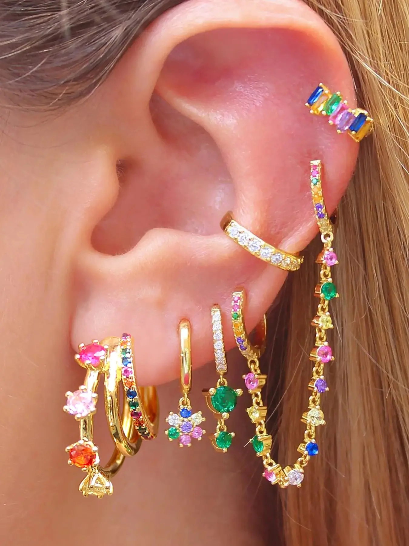 6 Pcs Luxury 24K Gold Plated Cubic Zirconia Multicolor Stud Earrings Set Earring Stacks Stackable Earrings For Women Colorful Zircon Chain Hoop Earrings Pack Flower Drop Dangle Earrings Stack Fashion Jewelry Gift Unique Design Earrings