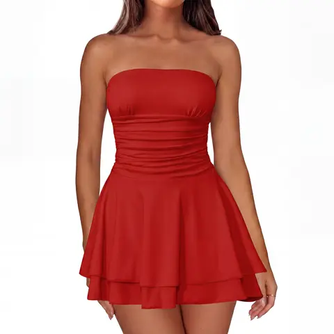 OYV Women's Strapless Sleeveless Knit Ruched Waist A-Line Flowy Ruffle Hem Mini Formal Dress - Stylish Gamis for Date Night, Concert, Beach, Birthday, Graduation, Wedding Events