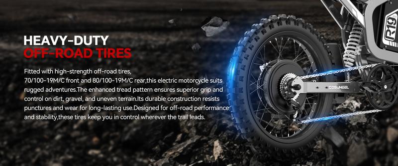 COSWHEEL R19 Adult Electric Bike 6000W 72V 40AH 19 Inch Tires 50MPH 125 Miles Range, frenos de disco hidráulicos duales, suspensión completa,Off-Road Electric Bike for Teenagers Snow Mountain.