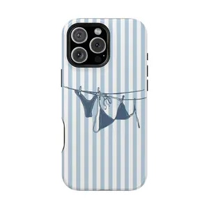 Cute Summer Blue Striped Bikini Phone Case, Magsafe Case, Pastel Beach Aesthetic for iPhone 17 16 Pro Max 15 14 13