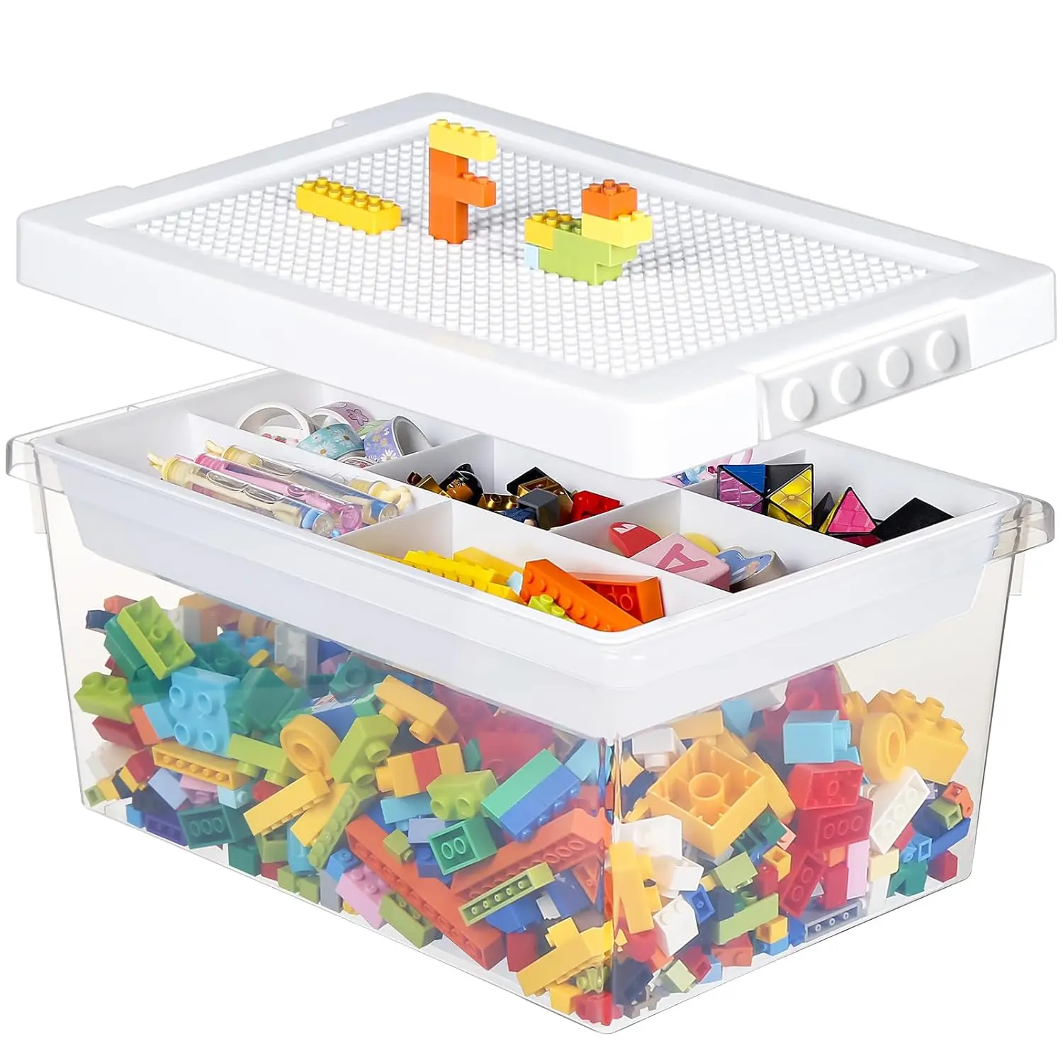 Greentainer Toy Storage Organizer with 2-in-1 Building Plate Lid & Divided Tray, Clear Plastic Storage Bin for Lego Bricks, Craft Supplies, Kids Toy Box Playroom Preschool Restock