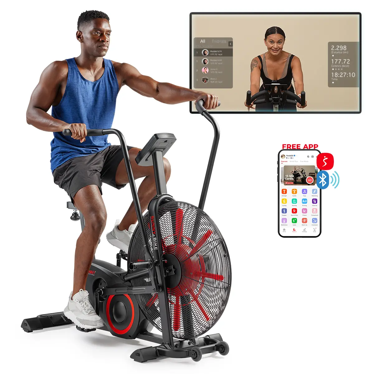 SUNNY Tornado Smart Premium Air Resistance Exercise Bike Fan Bike Stationary Cardio Bike for Home Gym Workout Fitness HIIT Training Full Body Endurance Conditioning Indoor Cycling Exercise Machine with Performance Monitor and Moving Handles for Men Women