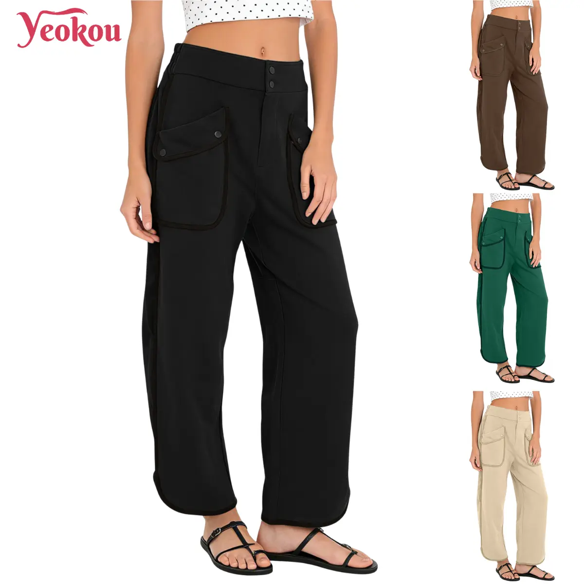 Yeokou Women's Vintage Denim Barrel Bottoms - Cropped Lady Utility Trousers with Contrast Trim, Fitted for Everyday, Thanksgiving, Easter Wear, Bottom, Barrel Pants, Basics, Valentines Day, Modest, Colorblock, Mid Waist