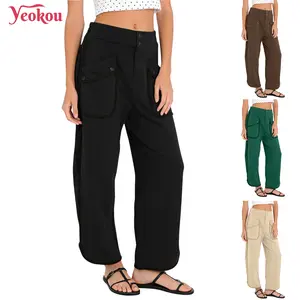 Yeokou women's  Vintage  Utility Barrel Pants (Cropped Contrast Trim)
