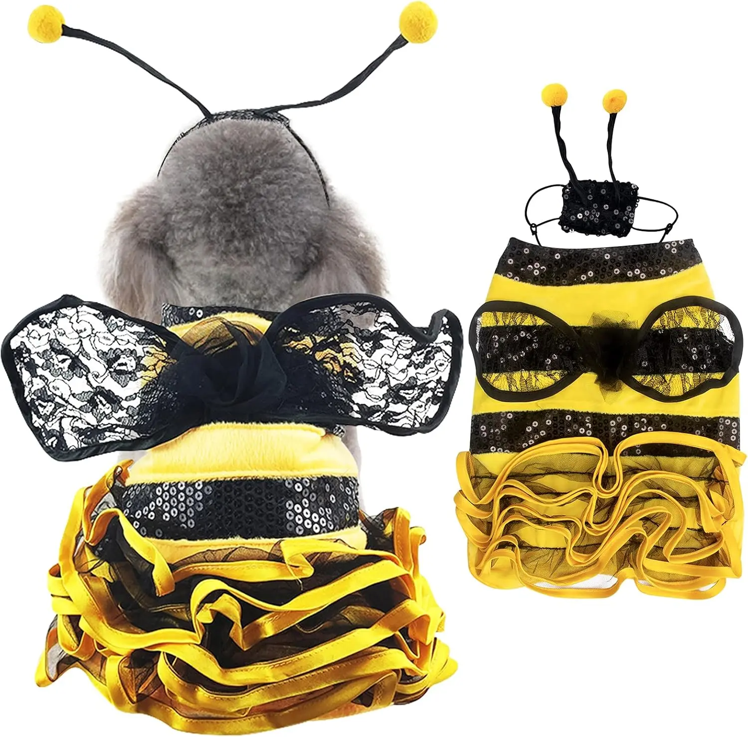 Pet Bumblebee Festive Bee Costume - Gold Fabric Dress with Adjustable Buttons, Cap & Elastic Cords, for Small/Medium/Large Dogs, Party Accessory for Halloween, Birthday Party Photo Prop
