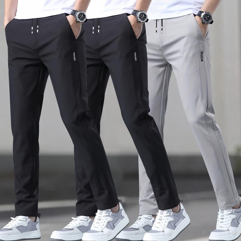 Men's 3-pack slim fit straight leg casual pants, polyester spandex blend, featuring an elastic waistband with drawstring, mid-rise, side pockets, suitable for outdoor activities and everyday wear