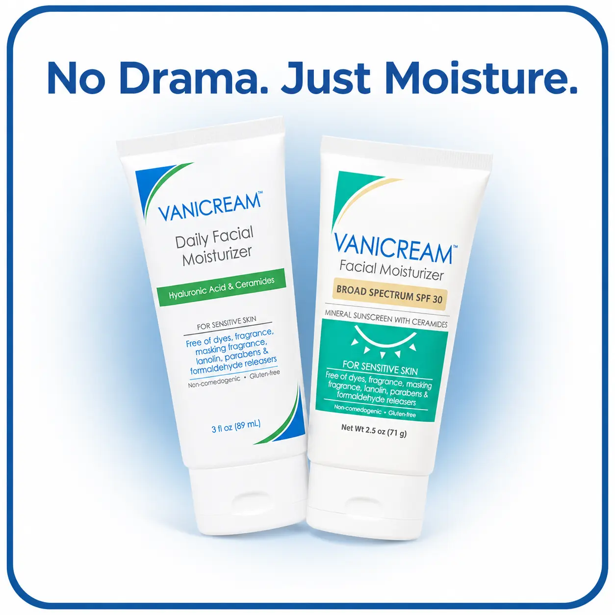 Vanicream No-Drama Duo Sensitive Skin Daily Care Gift Set - 2-Pack Facial Moisturizer Bundle (Everyday Hydration + SPF 30 Sunscreen), Dermatologist-Recommended, Dye-, Fragrance-, Lanolin-Free, Repair for All Skin Types