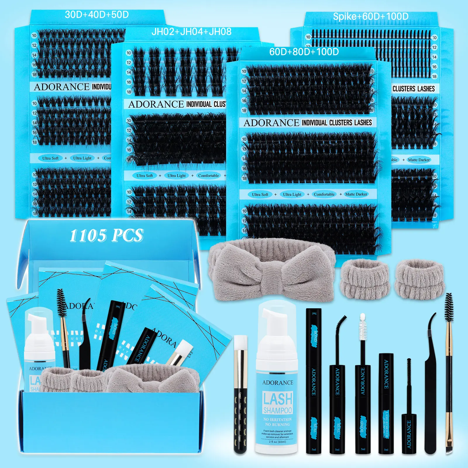 ADORANCE False Eyelash Gift Box Lash Clusters Kit 1105PCS 12 Styles Mega Natural 3D Effect Volume Spikes Lashes Clusters With Bond Seal Lash Remover Brush Applicator Headband Wristband Set Lash Shampoo Brush Perfect for Beginners Proficient DIY Home Use