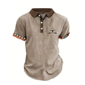 Men's Casual Short-Sleeved Shirt with 3D Digital Bull Head Print, Button Detail, Lapel Collar - Outdoor Fashion Wear