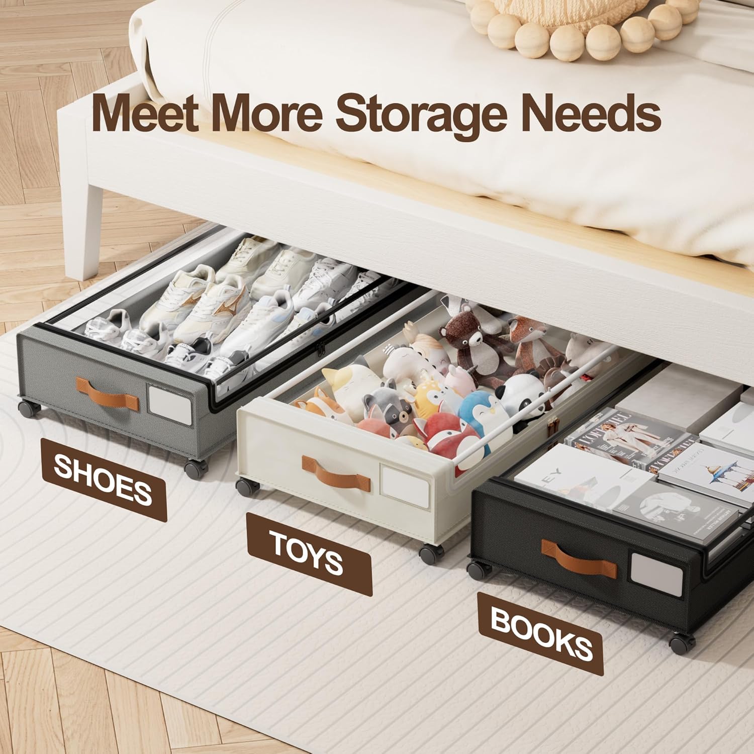 2 Pack Under Bed Storage with Wheels, 50L Large Lapacity UnderBed Storage Containers with Clear Lid and Handles, Under the Bed Storage Bins Drawers for Clothes, Blankets, Shoes, Books, Black