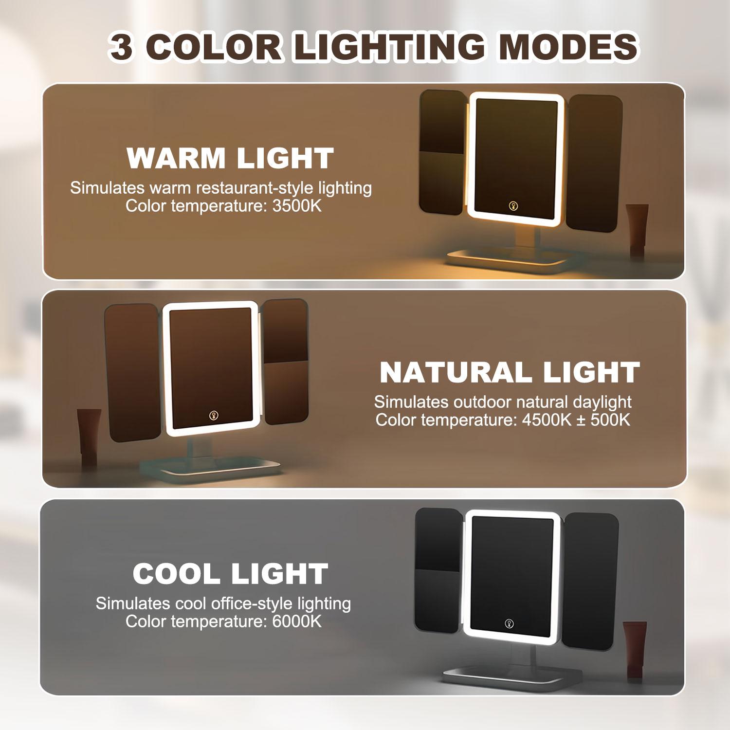 Tri-fold design, lightweight and portable. Features three-color LED lighting, 2×/3× magnification, and 180° rotation for clear details. Ideal for Valentine’s Day gifts, makeup, office use, travel, outdoor use, bathroom, bedroom, and daily skincare.