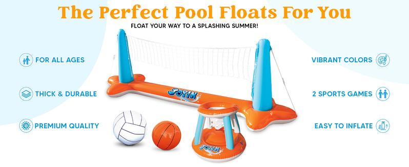 Inflatable Pool Float Set Volleyball Net & Basketball Hoops, Floating Swimming Game Toy for Kids and Adults, Summer Floaties, Volleyball Court (L-105”x35”; XL-125”x38” )|Basketball (L-27.6”x23”; XL-27”x29”), Father's Day Gifts TikTokShopSummerTurnup
