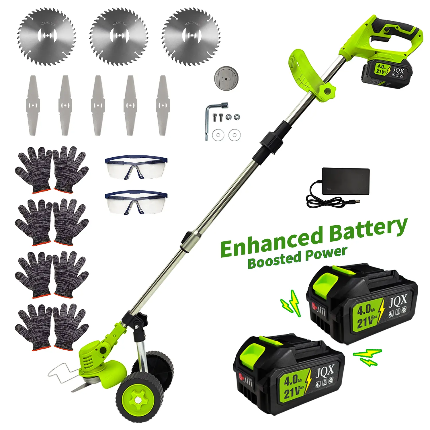 Lightweight 21V Cordless 3-in-1 Wheeled Grass Trimmer - Adjustable Lawn Edger, Brush Cutter, Women-Friendly Portable Outdoor Maintenance Tool with 2 High-Capacity Batteries & Multi Replacement Blades