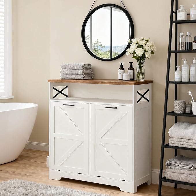 [tiktokshopbacktoschool] Vabches Wooden Tilt-Out Trash Can Cabinet for 13 Gal Bin, Barn/Cottage Style Hidden Multi-Purpose Kitchen Furniture with Adjustable Shelf, Dog-Proof Organizer (White, Dorm Essentials Home Decor)