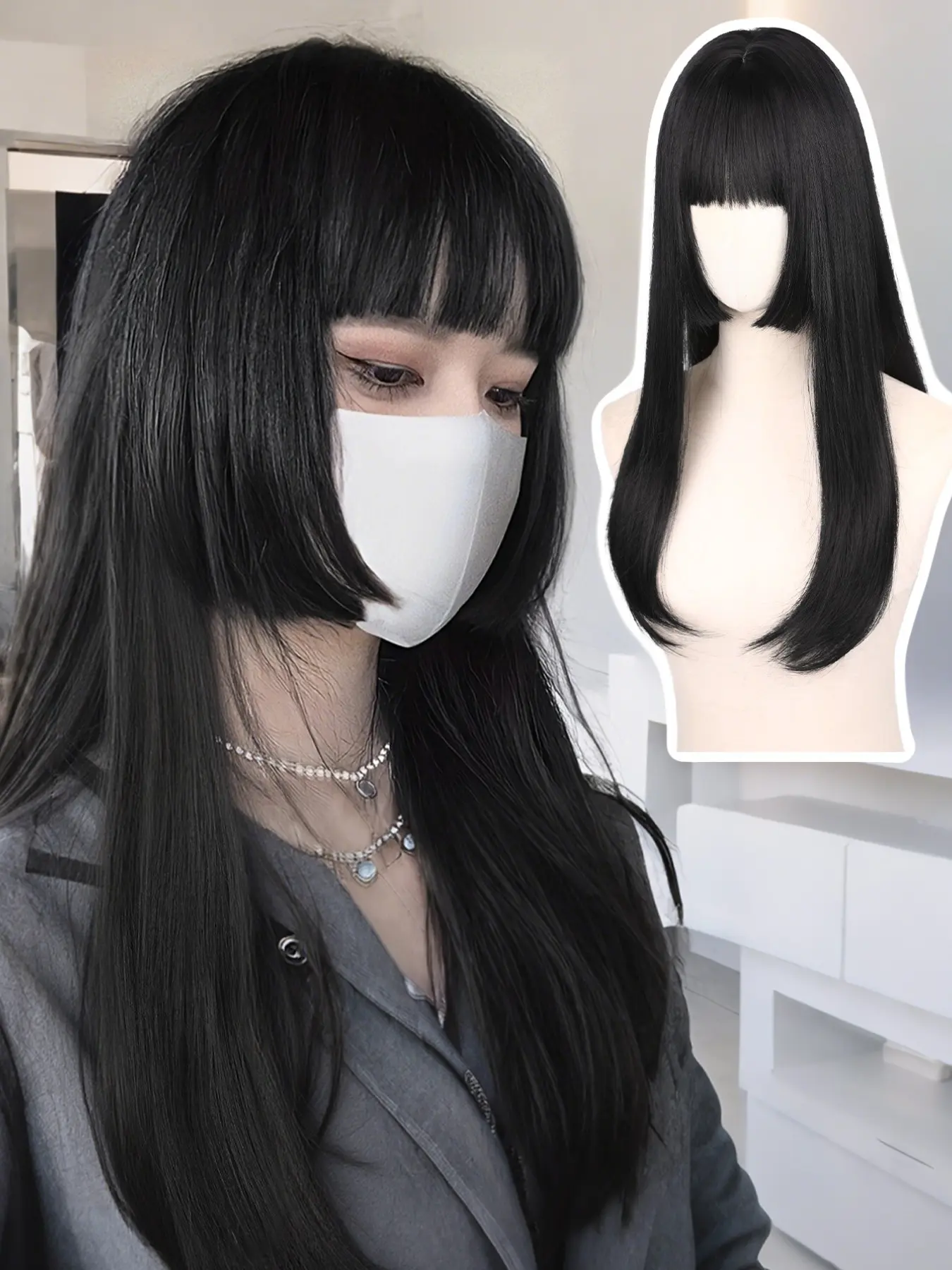 Princess Cut Long Straight Wig with Bangs, Anime Style, Hairstyle Wigs, Party Wig, Synthetic Fiber, Straight Synthetic Wigs, Suitable for Role Play and Daily Wear, Parties, Festivals, Synthetic Hair Wig