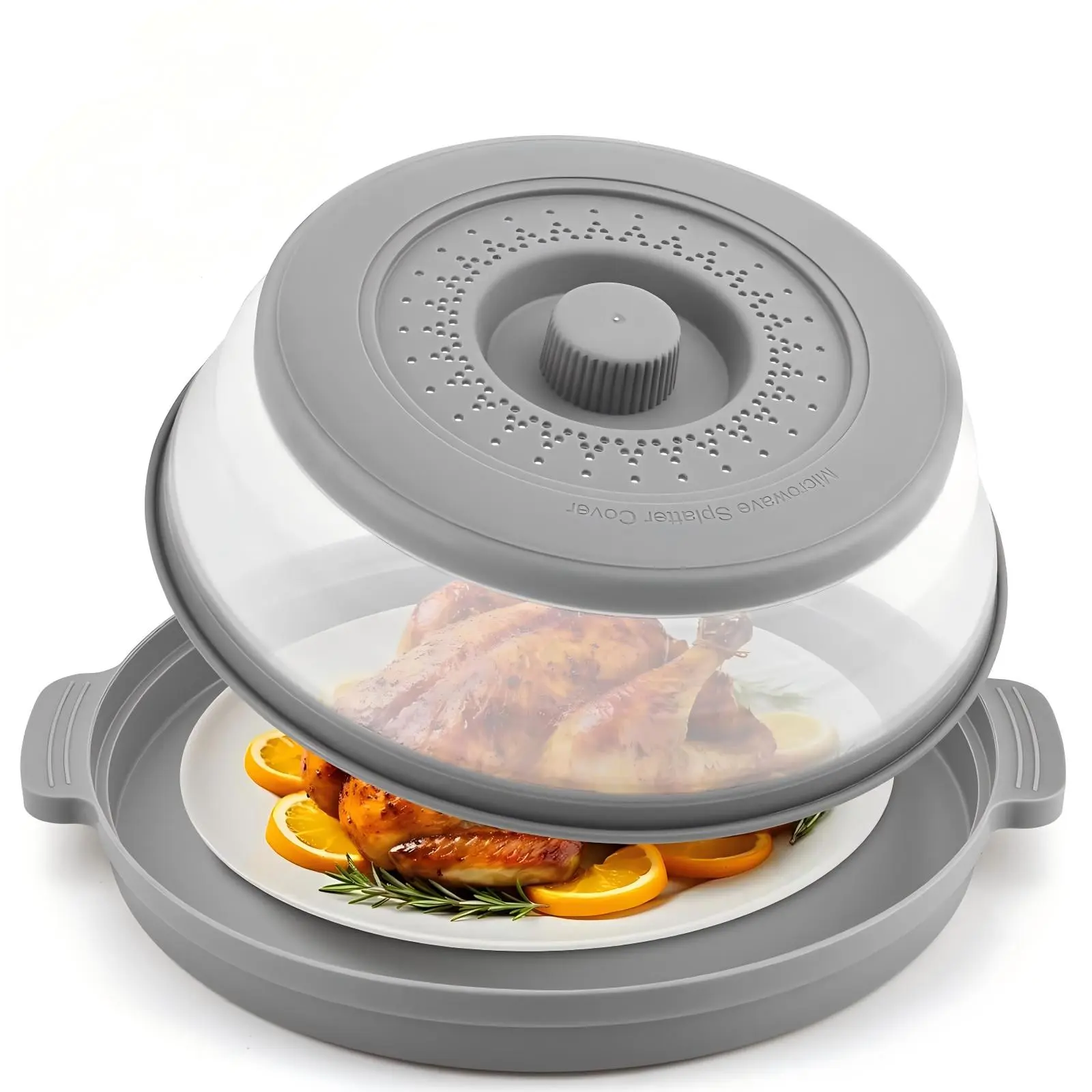 2-in-1 Design Splatter Proof Silicone+Plastic Microwave Food Cover - BPA-Free, 10.7 in Round Anti-Scald Base Plate, Vented Collapsible Lid, Essential Kitchen Meal Prep Gadget for Daily Use