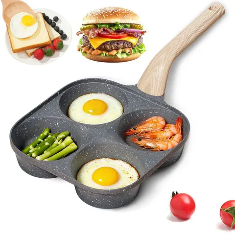 Non-stick Egg Frying Pan, 4 Holes Skillet With Handle, Multifunctional, Wooden Handle Medical Stone Omelet Non-stick Cookware frying pan,Small Frying Pan for Eggs, Omelets, Toast, Pancakes, Crepes, Sandwiches, Breakfast, Easy Clean, Kitchen Gadget