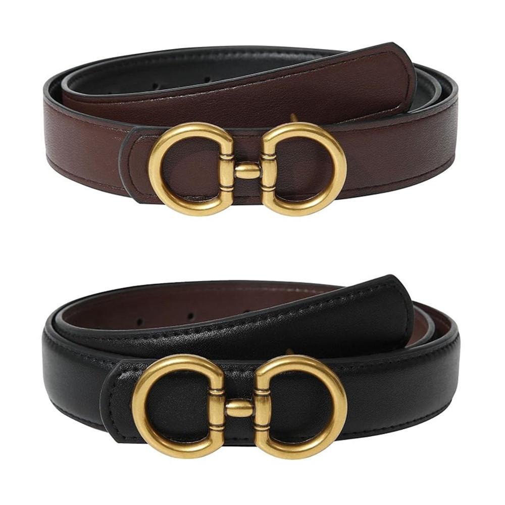 Fashion Elegant Women Reversible PU Leather Belt Vintage Two-in-One Dress Long Coats Belts Ladies Accessories with Golden Buckle