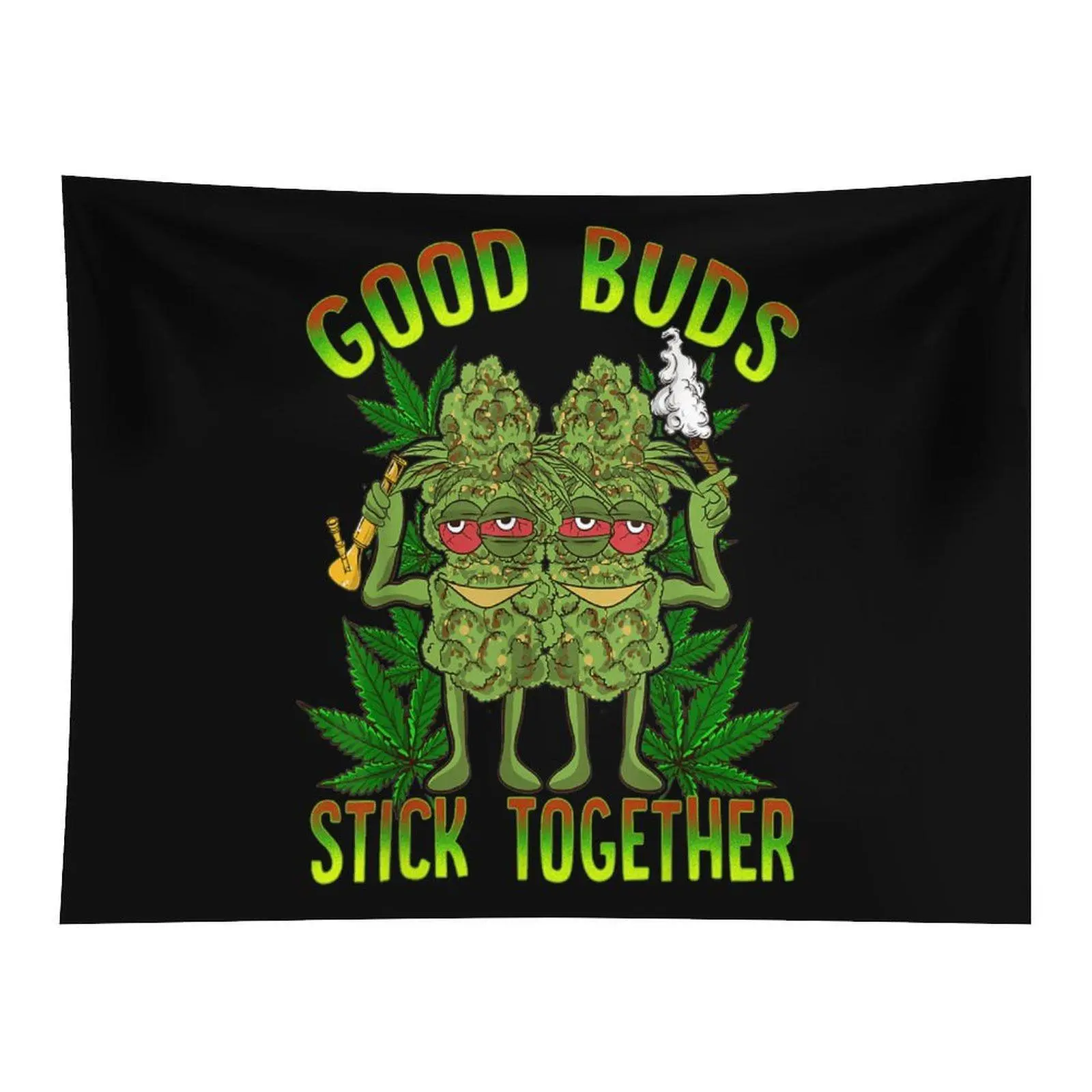 Cartoon Buds Wall Tapestry - Black Anti-Wear Cannabis Character Design with "Good Buds Stick Together" 420 Stoner Humor, Unique Wall Decor for Bedroom Chill Lounge Backdrop (Home Supplies Room Decorations)