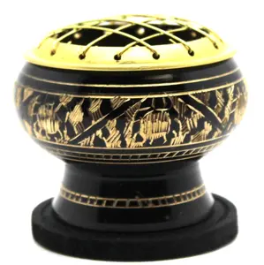 Black finish engraved Brass Screen Charcoal Burner with Wood Coaster