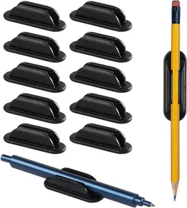 10 Pack Adhesive Pencil Holder for Desk, Silicone Pen Holder for Wall, Clipboard & Laptop with 15 Upgraded Sticky Pads, Rugged Grip Pencil Holders for Classroom Teacher Essentials (Black)