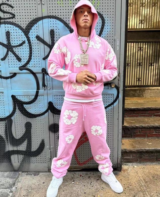DENIM TEARS Brand Hot Selling New Fashionable Cotton Foamprinted Hoodie European and American Trendy Men's Sportssuit Pink Floral Design with Hood and Drawstring