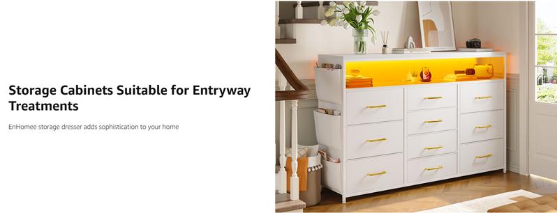 【#TikTokShopFallDealsForYou】Raybee 7/10 Drawer Dresser for Bedroom with Wood Open Shelves, 55" TV Stand with Power Outlets & LED Lights, Fabric & Chest of Drawers