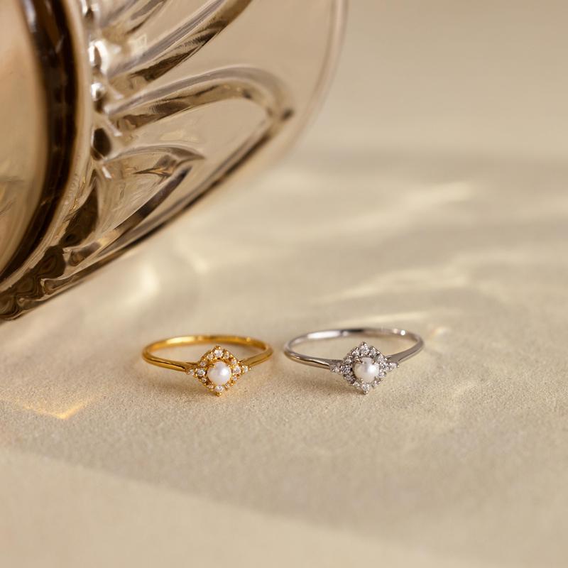 Vintage Pave Pearl Ring by Caitlyn Minimalist - Dainty Pearl and Diamond Engagement Ring - Art Deco Jewelry - Anniversary Gift for Her