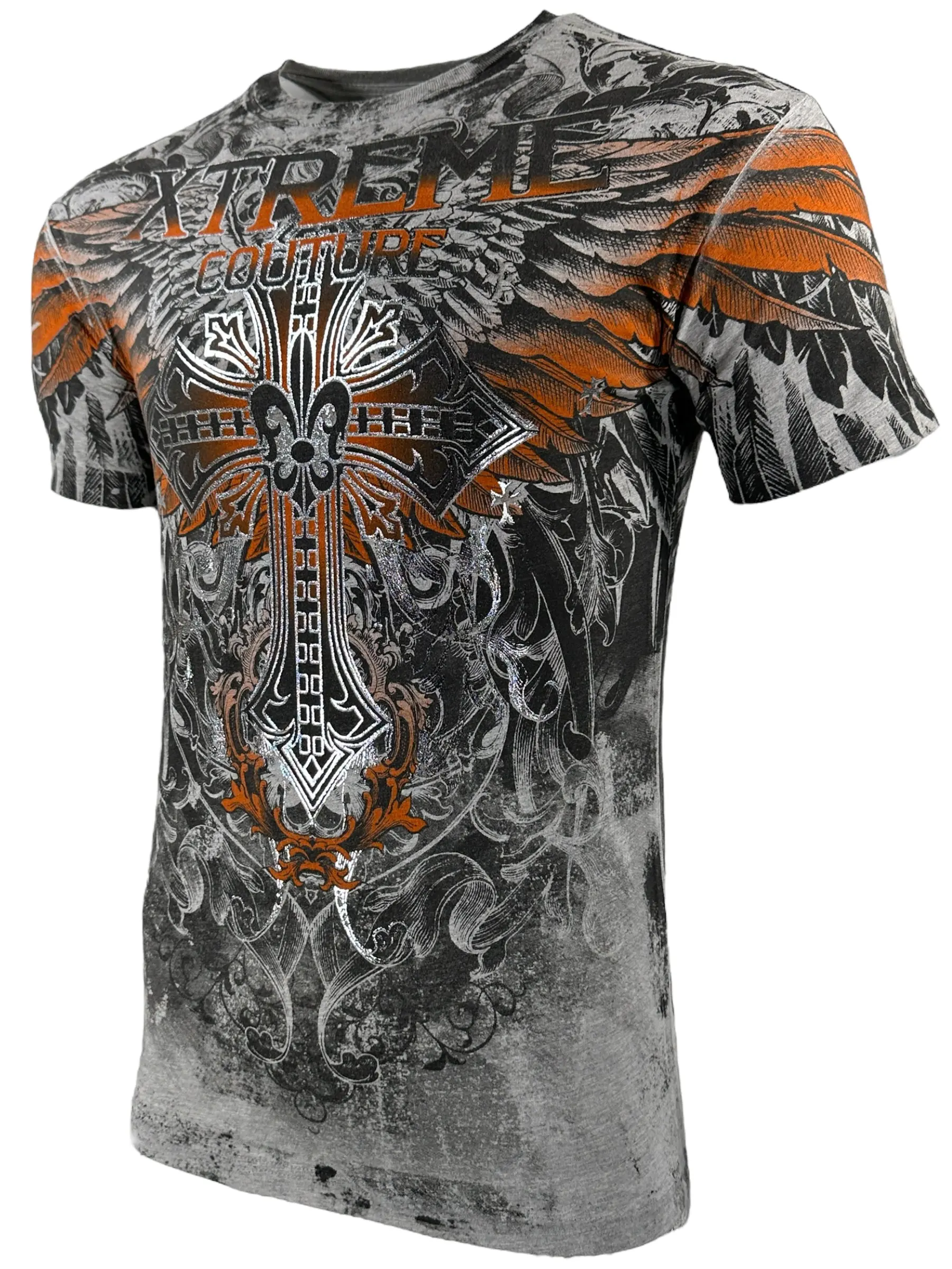 Xtreme Couture by Affliction  Men's Faith & Glory Crewneck T-Shirt Heather Grey 100% Cotton Printed Front Back Casual Streetwear Top