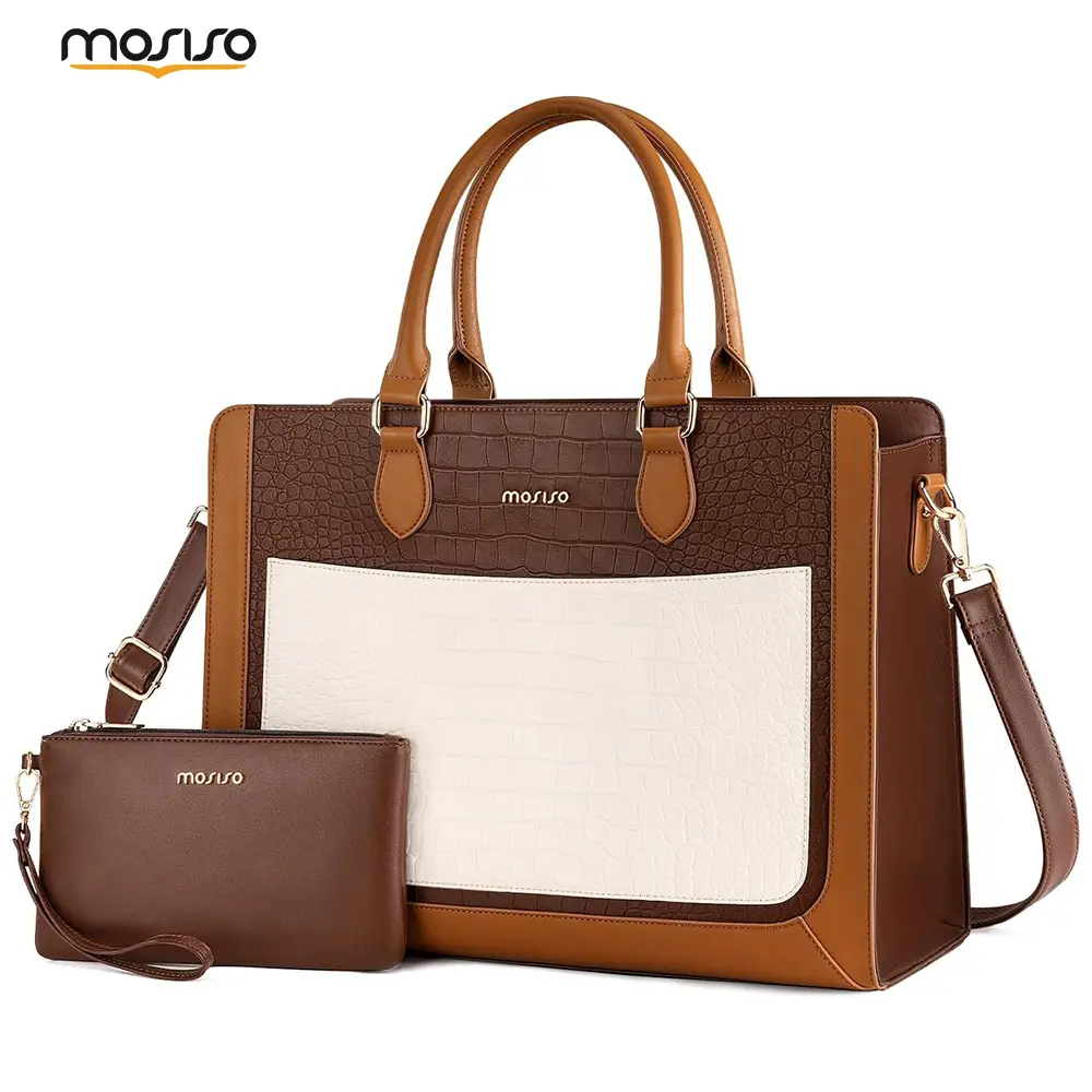 MOSISO Female 15.6in PU Leather Laptop Tote Bag - Work Bag, Zip Closure, Adjustable Shoulder Strap, Clutch Purse, Multiple Pockets, High-Capacity Waterproof Business Briefcase, Brown, Hand Wash Only, Chic Commute Satchel