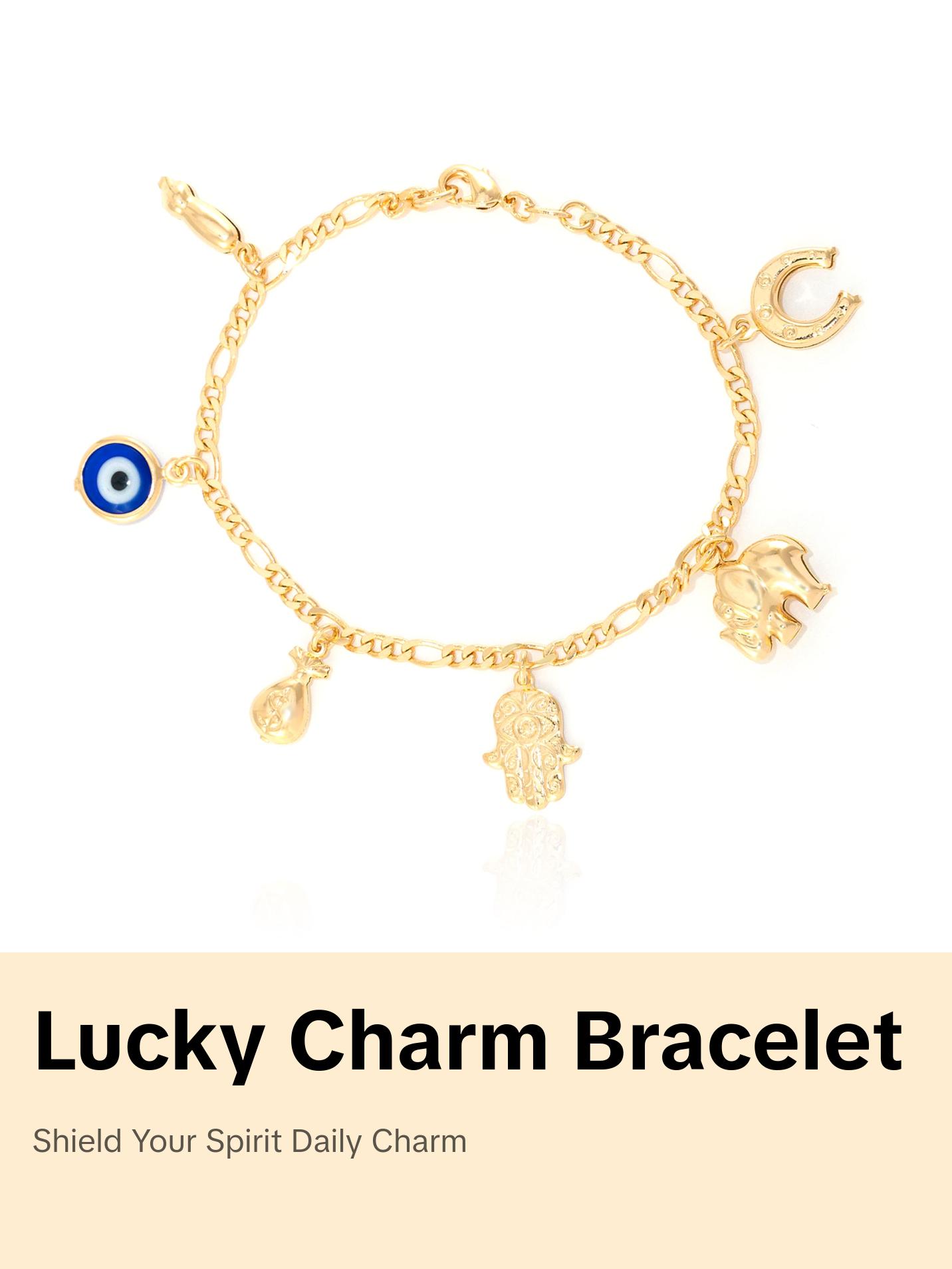 Women Lucky Charms Bracelet with Blue Evil Eye Figa Hand Hamsa Elephant Horseshoe