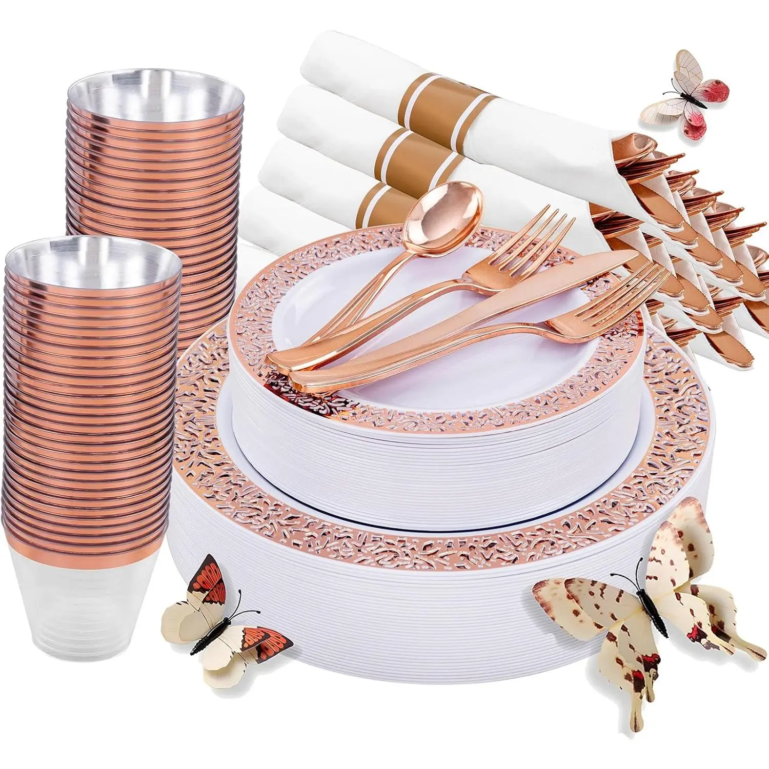 350 PCS Rose Gold Disposable Dinnerware Set for 50 Guests, Disposable Rose Gold Lace Plates, Include:50 Dinner Plate, 50 Dessert Plates, 50 Pre Rolled Napkins with Silverware and 50 Cups